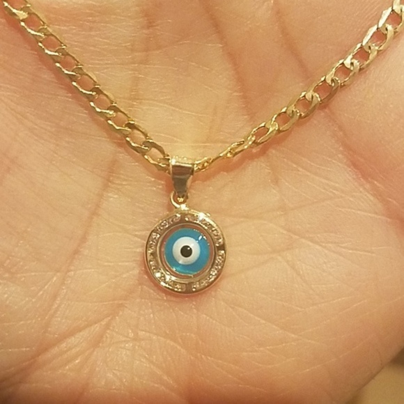 14k Yellow Solid Gold Round Evil Eye Pendant - Picture 7 of 9